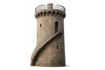 Medieval stone tower with spiral staircase and observation deck, isolated on transparent background, 3d rendering