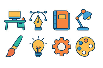 Creative workspace flat icon set. Artistic, design tools, productivity flat icons collection