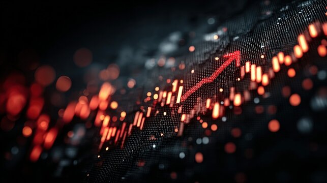 Red upward arrow with bokeh lights suggesting growth or positive trend.