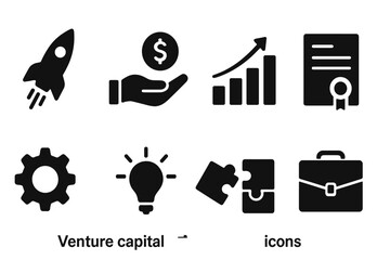 Venture capital solid icon set. Investment, finance, business growth, strategy icons