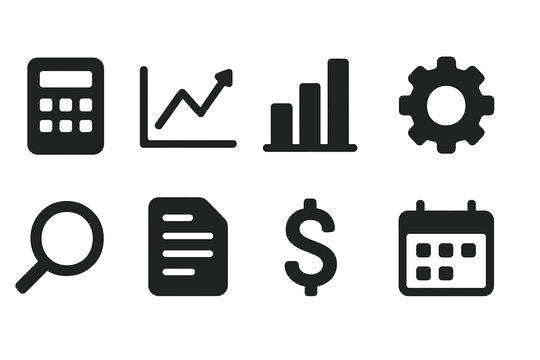 Business and finance solid icon set. Analytics, financial planning solid icons collection