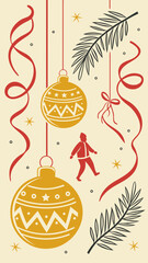 Vector New Year's card with Christmas tree decorations, streamers, and pine branches