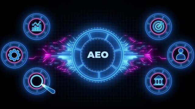AEO Answer Engine Optimization Strategy Concept. Animated Circuit board futuristic processing background.
