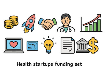 Health startup funding flat icon set: investment, growth, healthcare visual collection