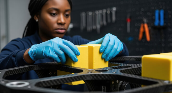 Focused female engineer with braided hair carefully assembling large drone using precision tools and foam components in advanced technology workshop