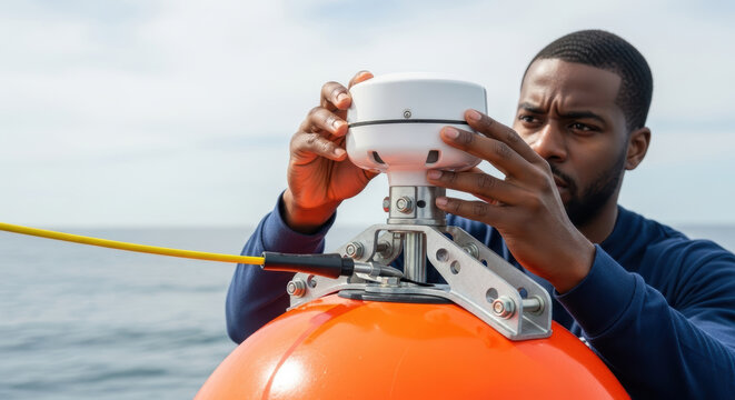 Focused marine technician calibrates ocean sensor buoy equipment for remote data collection and monitoring at sea, ensuring accurate aquatic environmental measurements