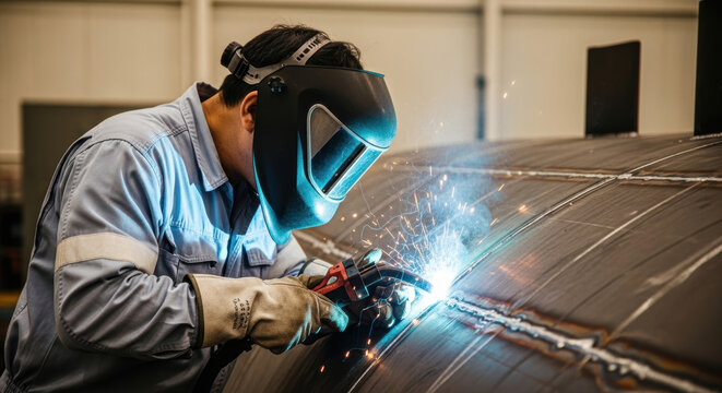 Focused welder in protective gear works on industrial metal pipe, sparks flying as precision welding technique creates strong joining in modern factory setting - Powered by Adobe