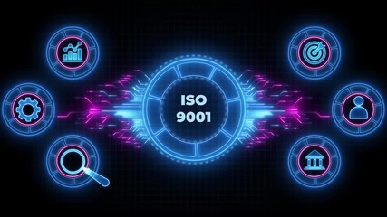 ISO 9001. Business, technology, internet and network concept. Animated Circuit board futuristic processing background. - Powered by Adobe