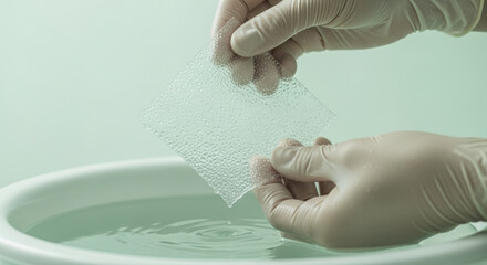 Medical professional wearing gloves soaking transparent hydrogel wound dressing in water for advanced wound care and hydration preparation in clinical setting