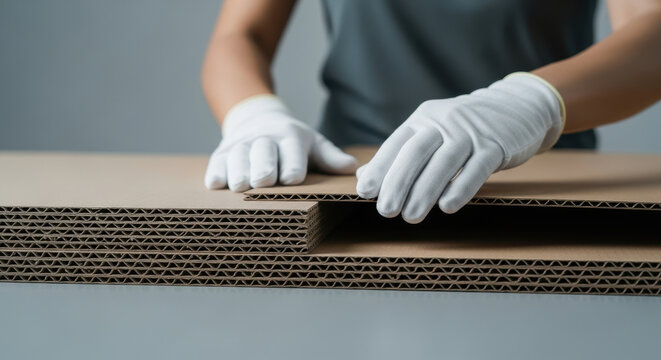 Factory worker in protective gloves stacking layers of corrugated cardboard sheets, focusing on precision in material handling and packaging quality control