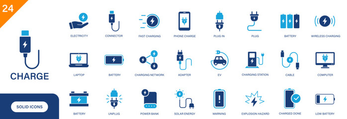 Charge icon. Includes battery, fast charging, electricity, plug, charging station, adapter, wireless charging. Solid vector icon set.