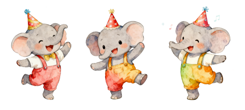 Three adorable elephants wearing overalls and birthday hats. Elephant stickers suitable for fine packaging, textiles, covers, prints, banners, greeting cards, labels, and wallpaper designs.