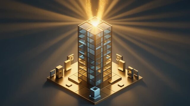 Isometric 3D illustration of a futuristic server room with a central mainframe and surrounding servers emitting a warm glow against a dark background.