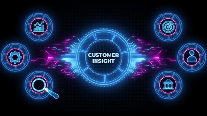 Customer Insight Concept.Digital animation glowing blue circuit lines, technology, data flow.