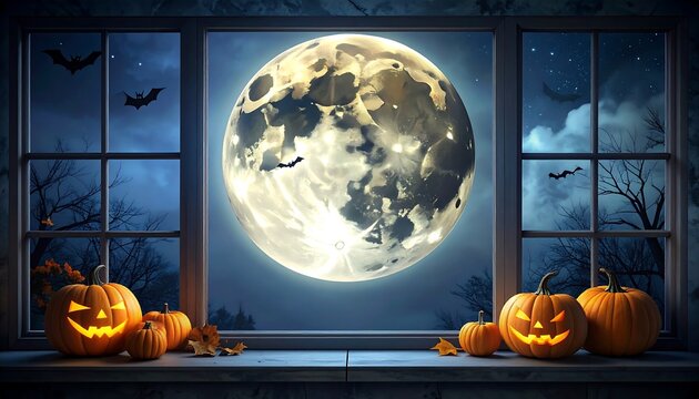 Spooky Halloween night scene with glowing Jack-o'-lanterns on a windowsill, a large full moon, and bats flying in the cloudy sky