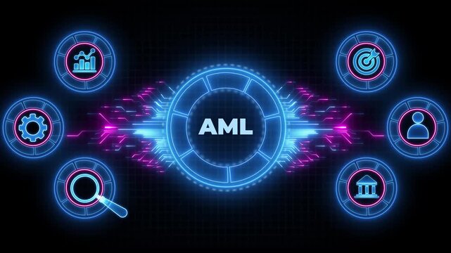 AML Anti-Money Laundering Concept. Digital animation glowing blue circuit lines, technology, data flow.