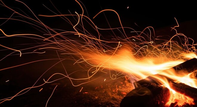 a fire with sparks in the dark night