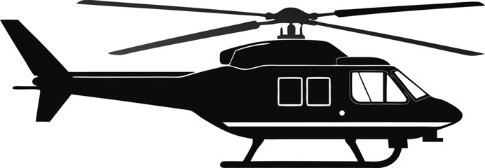 Silhouette of a helicopter in side view with two main rotor blades and a tail rotor. The image is black on a white background, conveying simplicity.