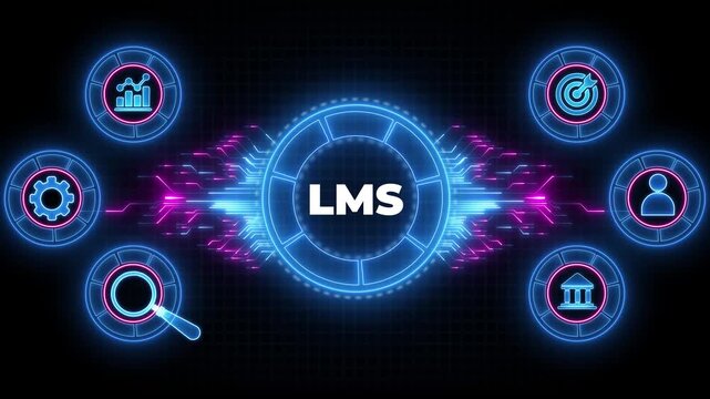 Learning Management System (LMS) concept. Digital animation glowing blue circuit lines, technology, data flow.