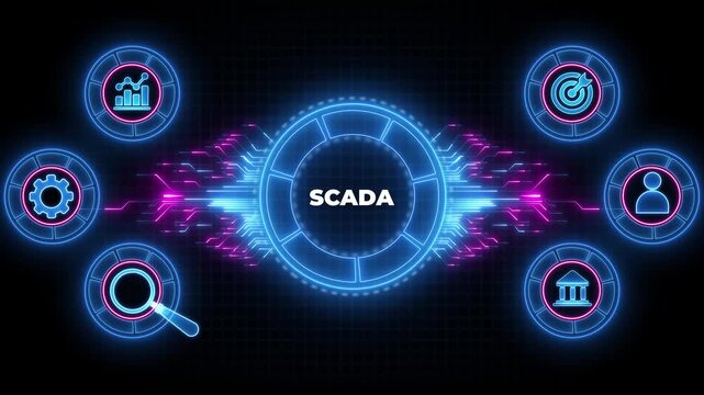 System Supervisory Control And Data Acquisition technology concept. SCADA. Digital animation glowing blue circuit lines, technology, data flow.
