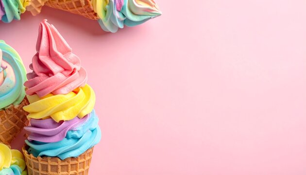 Colorful rainbow soft serve ice cream in waffle cones on a pink background with copy space. - Powered by Adobe