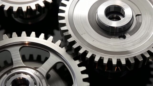 Close-up of interlocking metal gears in motion