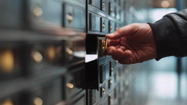 Close up hand unlocking safety deposit box in bank vault, symbolizing secure storage, confidentiality. Scene emphasizes financial safety, trust, importance privacy in banking