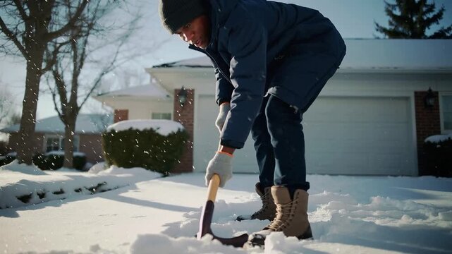 Front view of black man shoveling snow in the driveway during sunny winter day