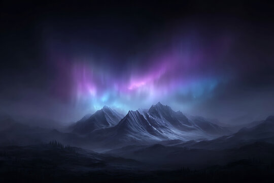 northern lights simulation, surreal night scene with glowing aurora over the high mountain range depicted in a digital painting