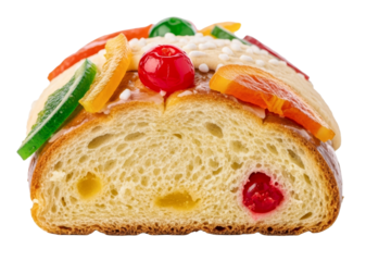 Piece of Traditional Roscón de Reyes Cake with Candied Fruit
