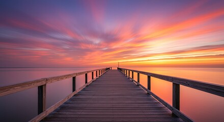 Obraz premium A breathtaking sunrise paints the sky with vibrant colors over a wooden pier leading into the