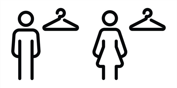 Mens and womens changing rooms line icon set with simple outline symbols. Vector illustration for public facilities, locker rooms