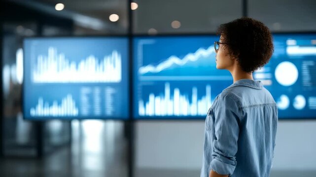 A professional woman observes interactive dashboards with financial statistics and performance metrics in a high tech workspace. The environment reflects innovation and data driven decision making