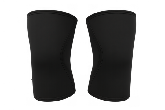 Black neoprene knee sleeves for sports training protecting joints and providing support during fitness activities on transparent background
