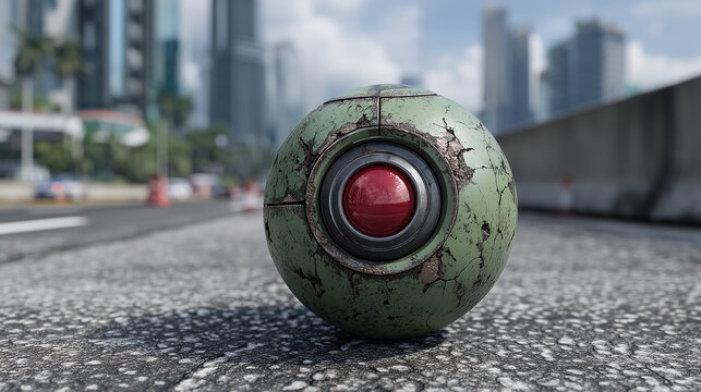 Rusty green robotic orb with red lens sits on asphalt in urban cityscape with modern tall buildings