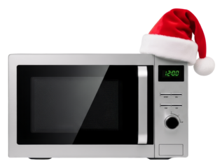 Silver Microwave Oven with a Santa Hat on Top