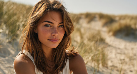 Portrait of attractive young woman sitting on beach, surrounded by soft sand and grass, radiating serene and confident vibe