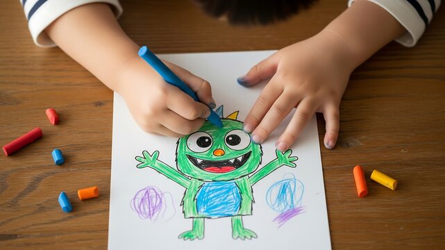 Creative Monster Drawing: A child's hands meticulously bring a vibrant, playful monster to life with crayons and markers on a crisp white sheet of paper.