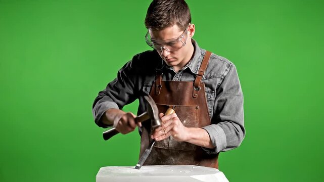Sculptor working with hammer and chisel on stone sculpture with safety