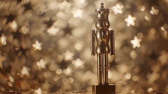 Classic golden nutcracker soldier with crown and uniform, standing tall against twinkling bokeh star lights, embodying holiday tradition and whimsy