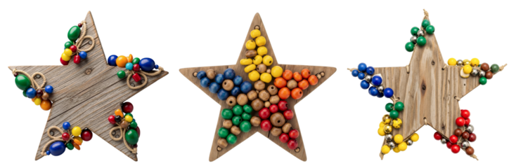 Rustic Wooden Star Ornaments Decorated with Colorful Beads