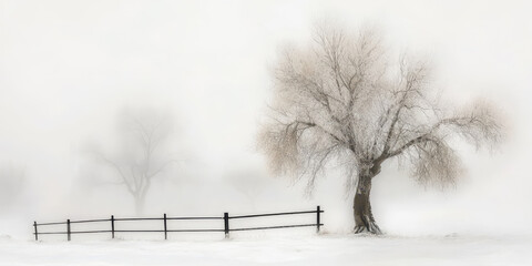 Old tree in the snow, surrounded by a black metal fence