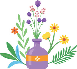 A purple bottle with an orange band holds vibrant flowers, including purple lavender and yellow daisies, surrounded by green leaves, conveying a fresh, cheerful tone.