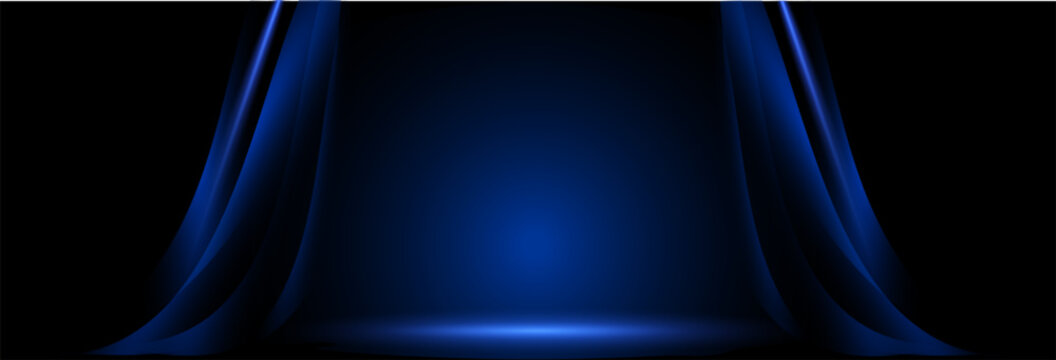 Banner of an empty dark stage with blue neon and curtains. Vector Illustrator