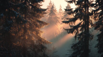Misty winter forest at sunrise  atmospheric landscape image