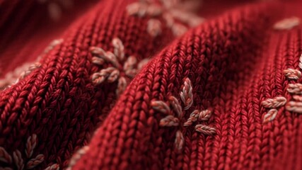 Close-up of crimson velvet fabric adorned with delicate white embroidered snowflakes, capturing wintry texture and festive embroidery for holiday crafts or decor
