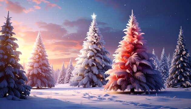 Snowy winter scene, colorful sunset illuminating frosted evergreen trees