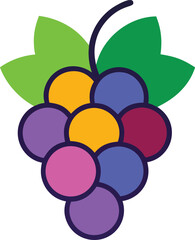 Stylized bunch of colorful grapes with purple, pink, yellow, and red fruits, topped with two green leaves. The design is bold and playful.