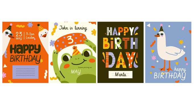 Set of Happy birthday posters. Moving greeting cards with cute animals, frog, ducks, confetti, and gift boxes. Childrens Party Invitations for Celebrating Holidays. Flat graphic animated cartoon