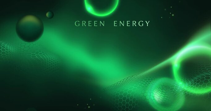 Green energy background. Moving banner or landing page template with green streams, planet Earth and abstract shapes. Sustainable Living and Alternative Energy. Realistic neon animated graphics
